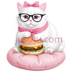 可爱猫,大眼镜,蝴蝶结,吃汉堡,粉色靠垫PNG