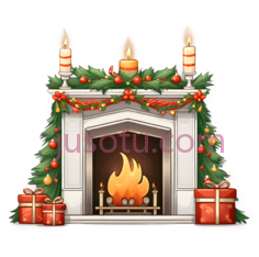 壁炉,节日装饰,白色, 绿色, 红色PNG