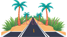 道路,棕榈树,草地,卡通,黑色,黄色,绿色,橙色PNG