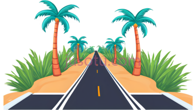 道路,棕榈树,草地,卡通,黑色,黄色,绿色,橙色, PNG
