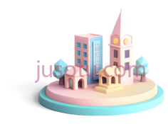 建筑,树木,卡通,粉色,黄色,蓝色PNG