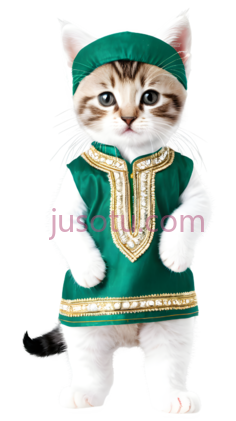 小猫,穿着绿色,金色相间的衣服,帽子,白色带棕色条纹PNG
