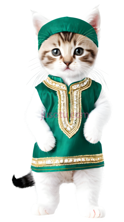小猫,穿着绿色,金色相间的衣服,帽子,白色带棕色条纹, PNG