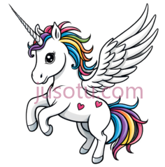 独角兽,卡通,白色身体,彩虹色鬃毛,尾巴PNG