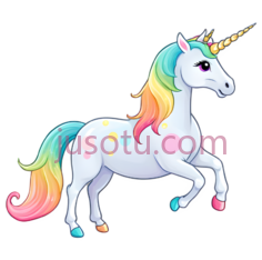 独角兽,卡通,白色身体,彩虹色鬃毛,尾巴PNG