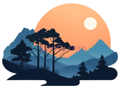 山,树,太阳,插画,蓝色,橙色, PNG