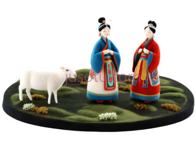 两个女孩,一只羊,服饰,蓝色,红色,白色, PNG