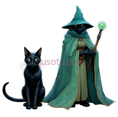 巫师,黑猫,奇幻,绿色, 黑色, PNG