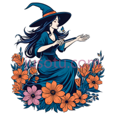 女巫,插画,蓝色,橙色,粉色PNG