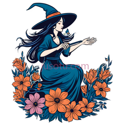 女巫,插画,蓝色,橙色,粉色, PNG