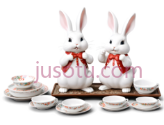 陶瓷兔子,餐具,卡通,白色,红色PNG