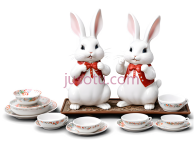 陶瓷兔子,餐具,卡通,白色,红色, PNG