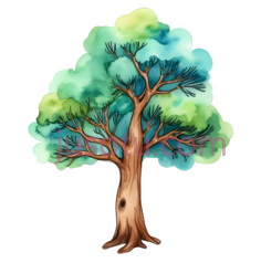 树,水彩画,绿色,蓝色,棕色PNG