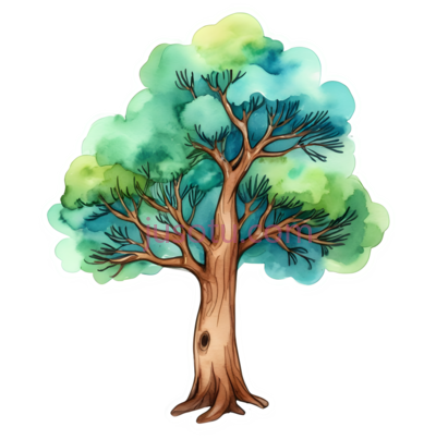 树,水彩画,绿色,蓝色,棕色, PNG