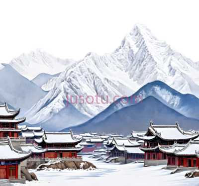 雪山,古建筑,水墨画,白色,红色, PNG