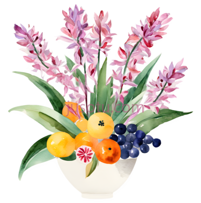 水果,花,插画,粉色,黄色,紫色,绿色, PNG