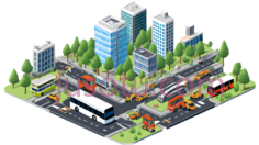 建筑物,汽车,公交车,3D,蓝色,白色,红色,绿色PNG