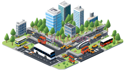 建筑物,汽车,公交车,3D,蓝色,白色,红色,绿色, PNG