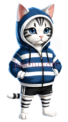 卡通猫,穿着连帽衫,短裤,蓝色,白色,黑色PNG