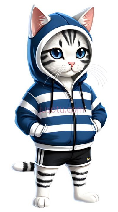 卡通猫,穿着连帽衫,短裤,蓝色,白色,黑色, PNG