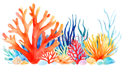 珊瑚,水彩画,红色,蓝色,黄色, PNG