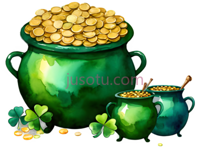 金币, 锅,卡通,金色, 绿色, PNG