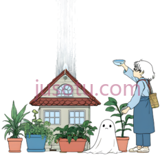 房子,植物,女孩,幽灵,卡通,白色,蓝色,绿色PNG