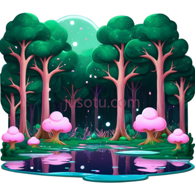 树木,蘑菇,湖泊,卡通,绿色,粉色, PNG