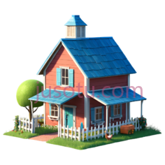小屋,卡通,蓝色屋顶, 红色墙壁PNG
