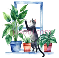 猫,植物,窗户PNG
