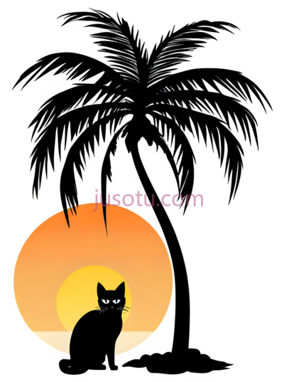 小黑猫,大棕榈树, PNG
