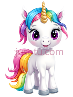 独角兽,卡通,白色身体, 多彩鬃毛,尾巴PNG