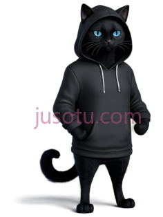 卡通黑猫,穿着连帽衫,黑色PNG