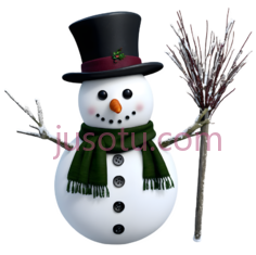 雪人,黑色礼帽,深酒红色和绿色围巾,黑色纽扣,木质手臂,雪花PNG