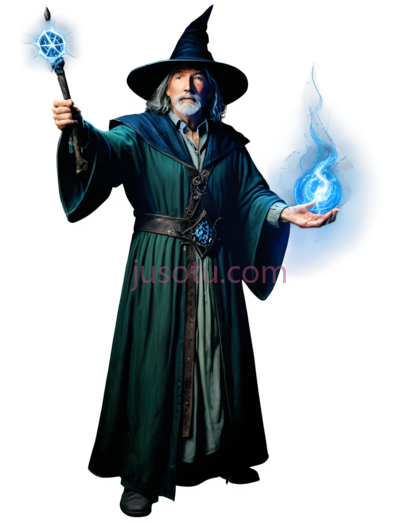 魔法师,奇幻,绿色长袍, 蓝色斗篷, PNG