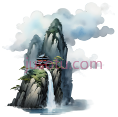 高山,云,瀑布,空中小岛,雾气,仙境,水彩画,水墨画PNG