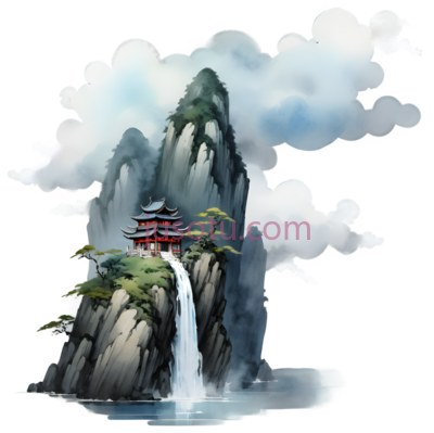 高山,云,瀑布,空中小岛,雾气,仙境,水彩画,水墨画, PNG