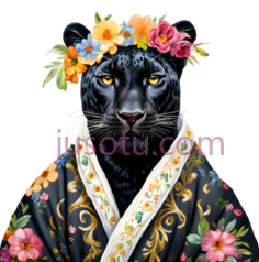 黑豹,服饰配花环,黑色皮毛, 花环,衣服有粉色,橙色,黄色,蓝色花朵PNG
