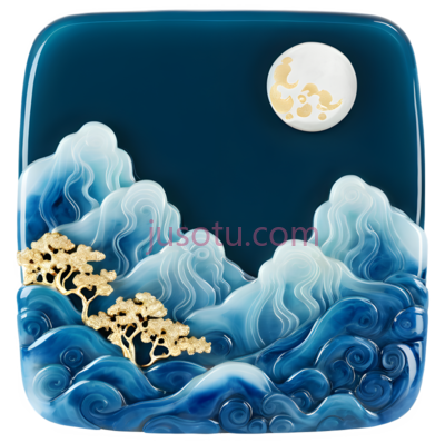 月亮,云朵,浪花,树,中国风,蓝色,白色,黄色, PNG