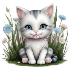 小猫,卡通,白色带灰色条纹PNG