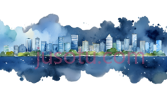 城市天际线,水彩画,蓝色,白色,绿色PNG