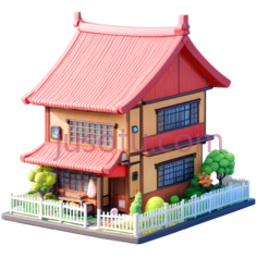 玩具屋,中式建筑,红色屋顶,黄色墙壁PNG