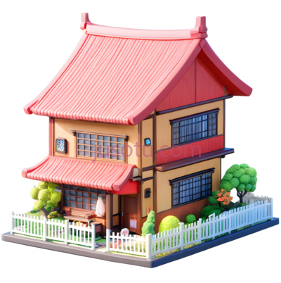 玩具屋,中式建筑,红色屋顶,黄色墙壁, PNG