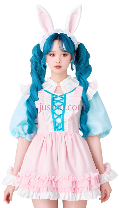 女孩,蓝色头发, 粉色连衣裙, PNG
