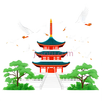 卡通,大雁塔,鸟类,绿植, PNG