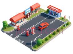 加油站,汽车,卡通,红色, 橙色, 蓝色PNG