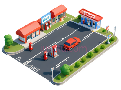加油站,汽车,卡通,红色, 橙色, 蓝色, PNG