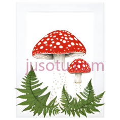 蘑菇,蕨类植物,插画,红色,白色,绿色PNG