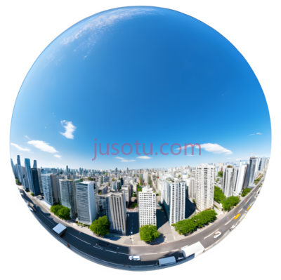 城市景观,圆形鱼眼镜头效果,蓝色天空, 绿色树木, 白色,灰色建筑, PNG
