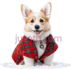 柯基犬,穿着红色格子外套,白色,棕色PNG